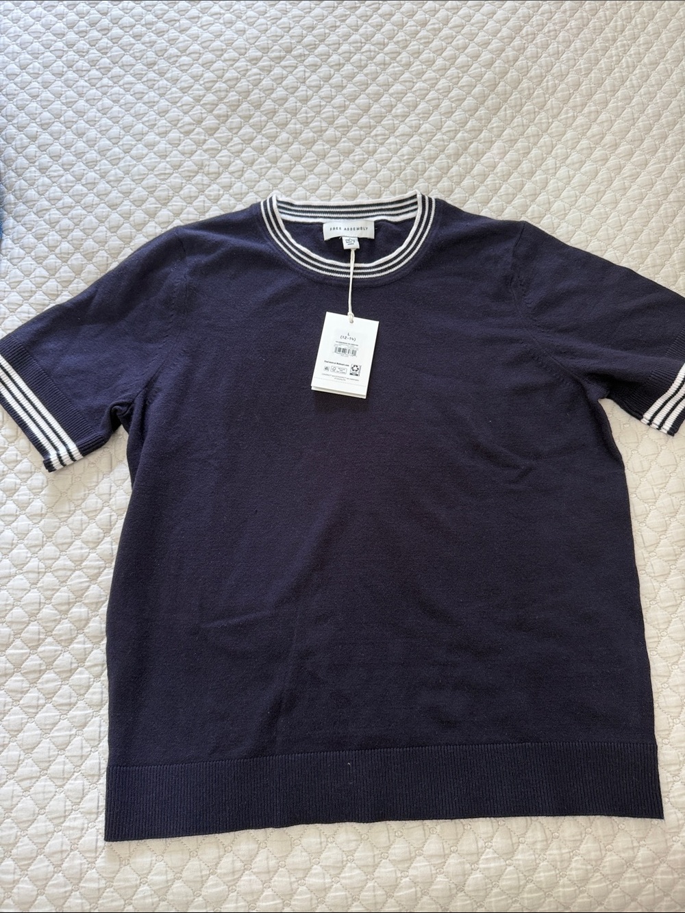 Free Assembly Navy Crewneck Sweater Tee with White Stripe Trim